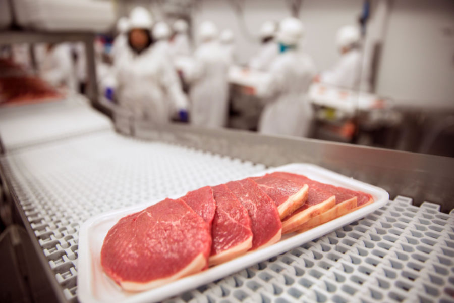 raw meat cuts on conveyor belt