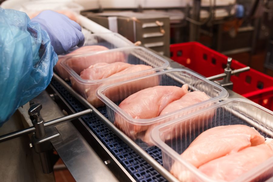 chicken meat in plastic packaging on conveyor of automated x ray system