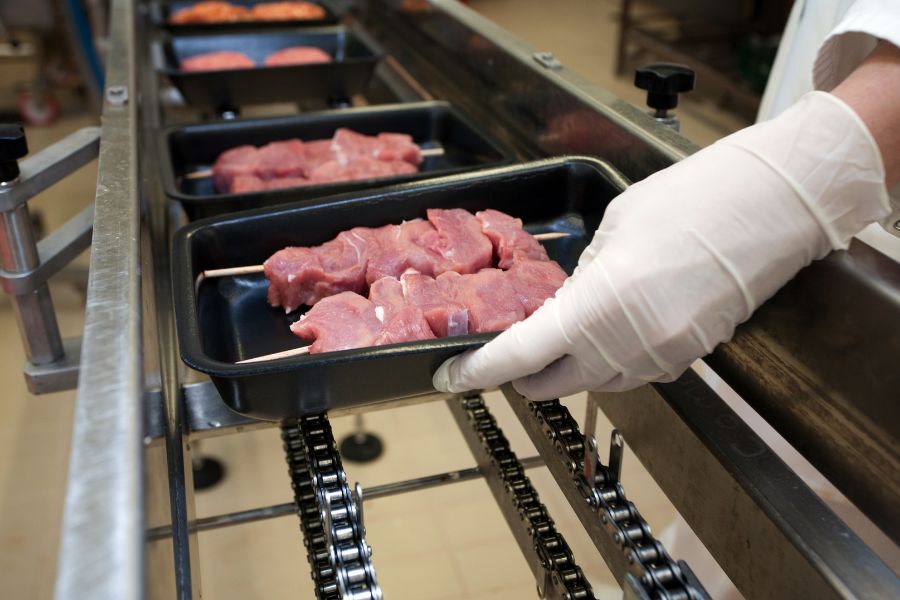 raw meat on conveyor belt being inspected by metal detector