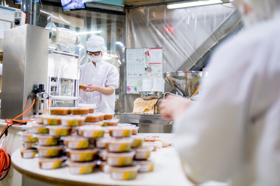 workers in food processing factory packaging food