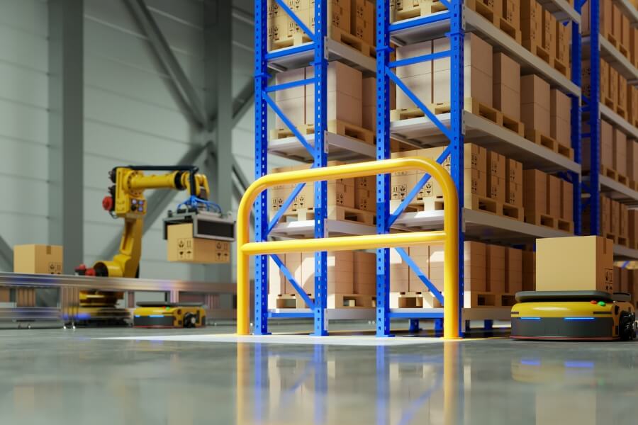 robot palletizing boxes in a storage facility