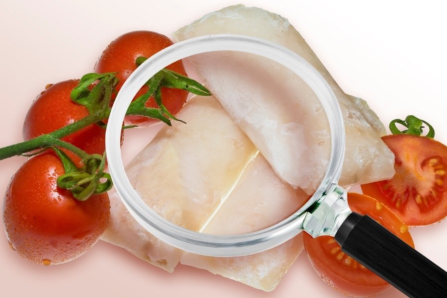 magnifying glass on top of tomatoes and ham